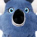 Close-up of a blue plush toy face with large blue eyes, a black nose, white trim, and dark ear tips on a white background.