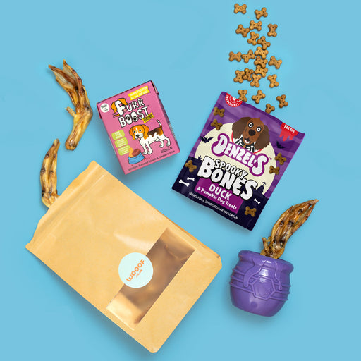 A styled flat-lay of dog treats and packaging on a bright blue background. Visible items include a kraft paper pouch with a clear window, a purple bag of Deezel's Spooky Bones Duck & Pork Bone treats, a pink box of Fuzz Boost, scattered brown bone-shaped treats, two dried chicken legs, and a purple treat pot.