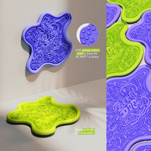 Purple and green textured mats with suction cups on a neutral background