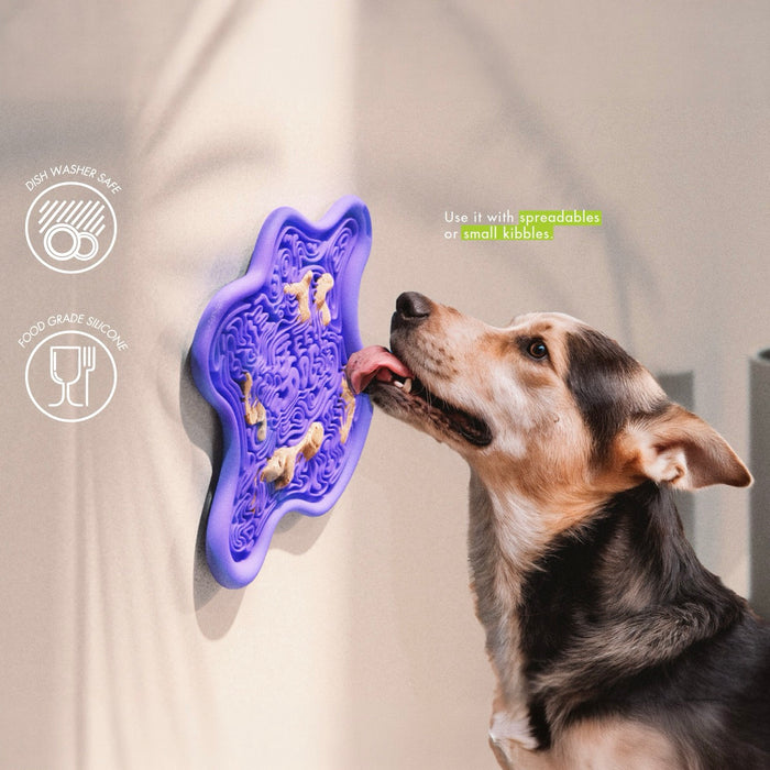 Dog interacting with a purple silicone dog toy against a neutral background
