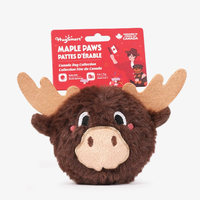 Plush moose toy with 'HugSmart' packaging on a white background