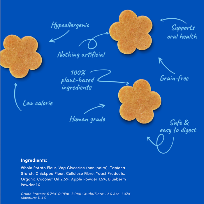 Four flower-shaped baked cookies on a blue background with handwritten white text describing product benefits and an ingredients list at the bottom.