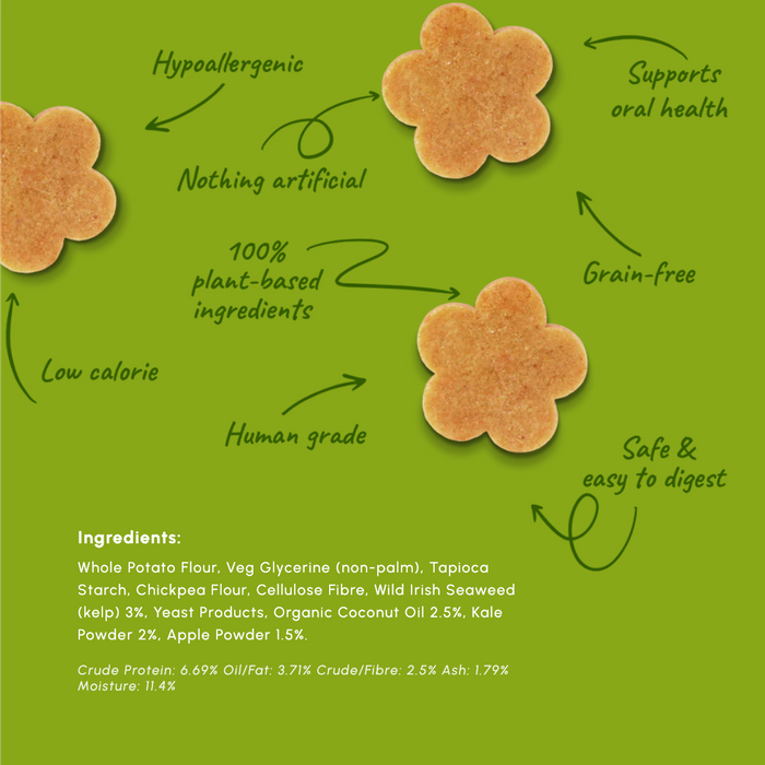 A green informational graphic showing several tan flower-shaped dog treats with handwritten callouts such as hypoallergenic, nothing artificial, 100% plant-based ingredients, grain-free, low calorie, human grade, and safe & easy to digest. An ingredients list appears in the bottom left corner.