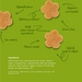 A green informational graphic showing several tan flower-shaped dog treats with handwritten callouts such as hypoallergenic, nothing artificial, 100% plant-based ingredients, grain-free, low calorie, human grade, and safe & easy to digest. An ingredients list appears in the bottom left corner.