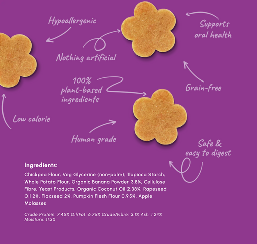 A purple informational graphic showing several tan chickpea flour cookies with white handwritten-style text calling out benefits like hypoallergenic, nothing artificial, 100% plant-based ingredients, grain-free, low calorie, human grade, and safe & easy to digest. An ingredients list appears in the bottom left corner.