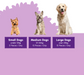 A dog dosage chart graphic with three dogs of different sizes (a terrier, a mixed breed, and a golden retriever) above three purple boxes labeled Small Dogs, Medium Dogs, and Large Dogs with weight and piece-count information.