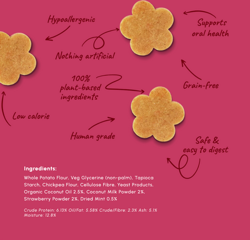A promotional graphic for plant-based flower-shaped cookies on a dusty rose background. The image shows several golden-brown potato flour cookies with handwritten marketing text such as 'Hypoallergenic', 'Nothing artificial', '100% plant-based ingredients', 'Supports oral health', and 'Grain-free'.
