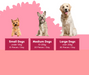 A pink and white informational graphic for dog treats, showing three dogs labeled Small Dogs, Medium Dogs, and Large Dogs with recommended daily piece counts.