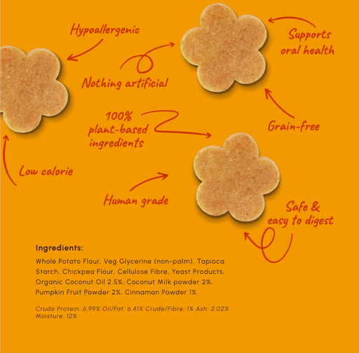 Four flower-shaped baked cookies on an orange background with handwritten red text highlighting product benefits and an ingredients list in the bottom left corner.