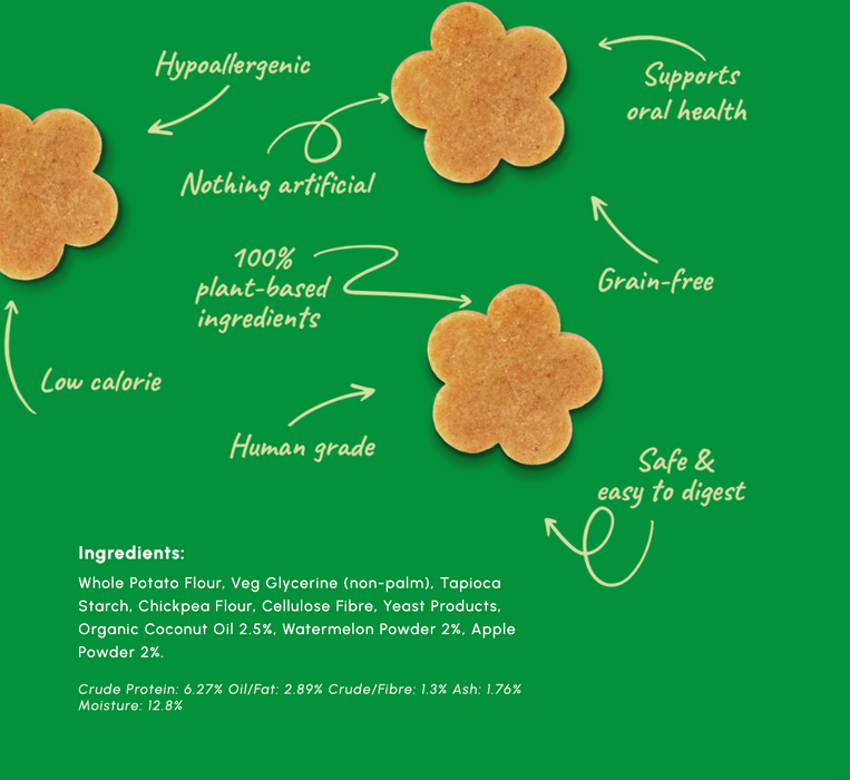 Four flower-shaped baked cookies on a green background with handwritten-style labels describing their health benefits, plus an ingredients list at the bottom.