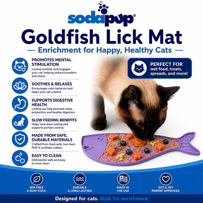 SodaPup Goldfish Lick Mat for cats with a cat licking the mat.