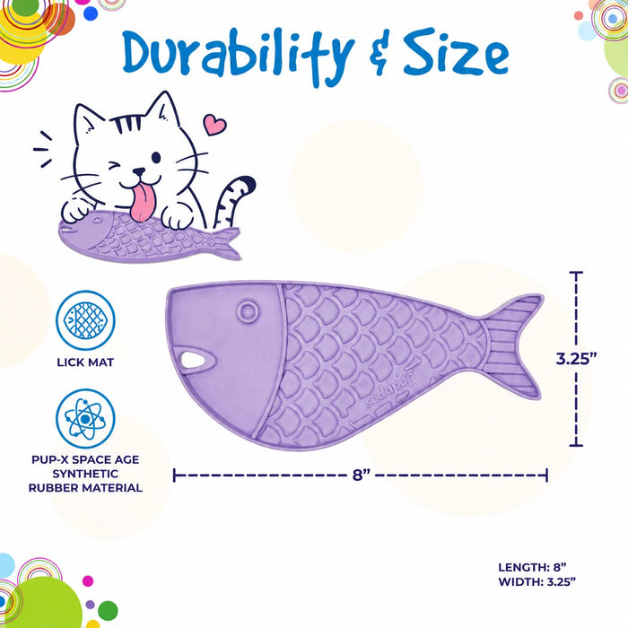 Purple fish-shaped mat with a cat illustration and durability & size information on a colorful background.