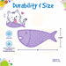 Purple fish-shaped mat with a cat illustration and durability & size information on a colorful background.