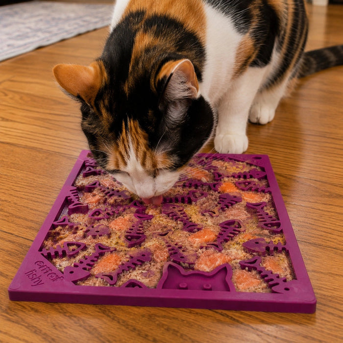 Cat interacting with a purple puzzle feeder on a wooden floor.