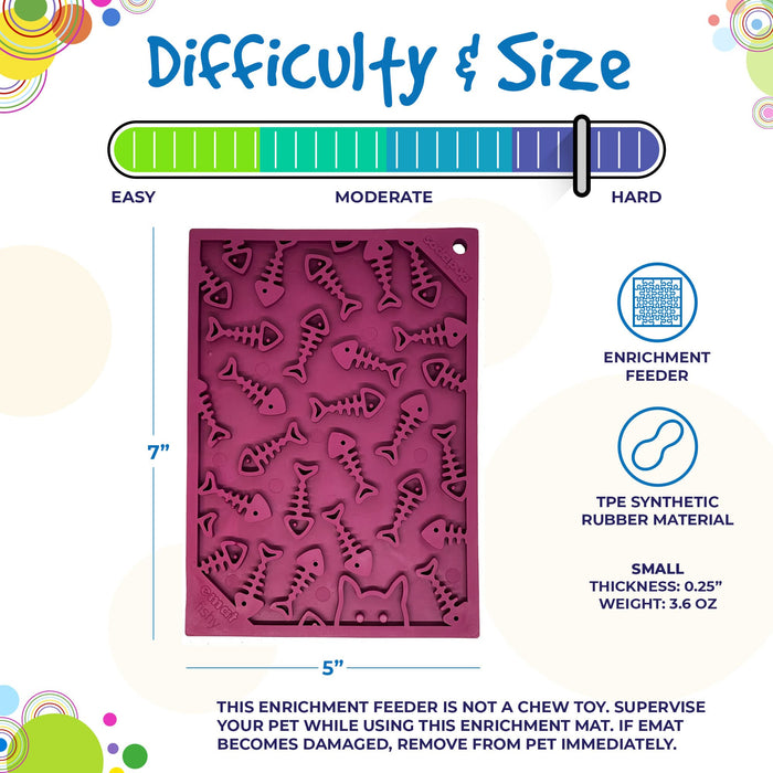 Enrichment feeder mat with difficulty and size rating, material details, and safety warning on a colorful background.