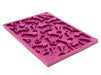 Mauve silicone mold with fish bone and heart shapes on a white background