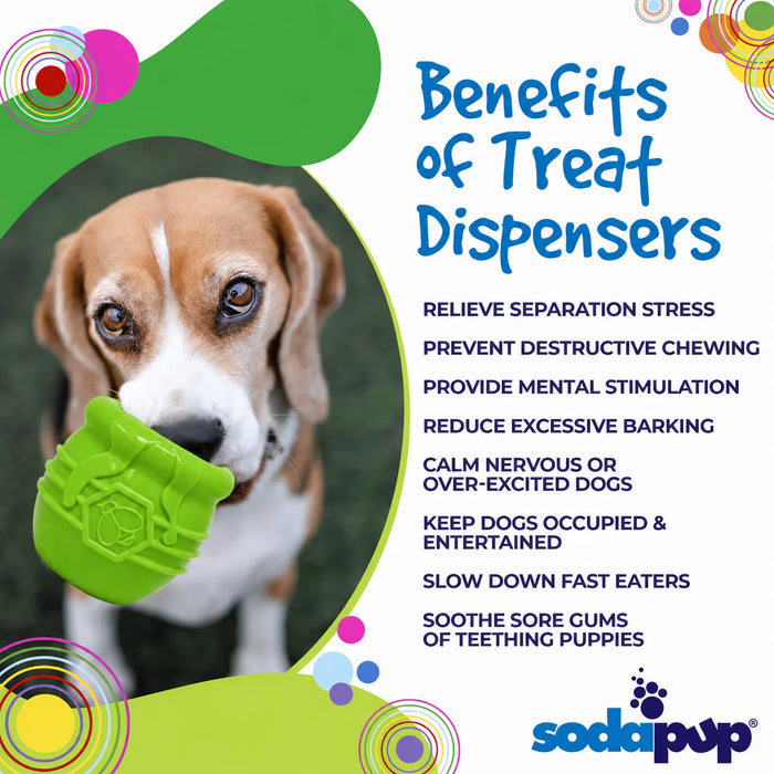 Dog holding a green treat dispenser with text listing benefits on a colorful background