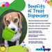 Dog holding a green treat dispenser with text listing benefits on a colorful background
