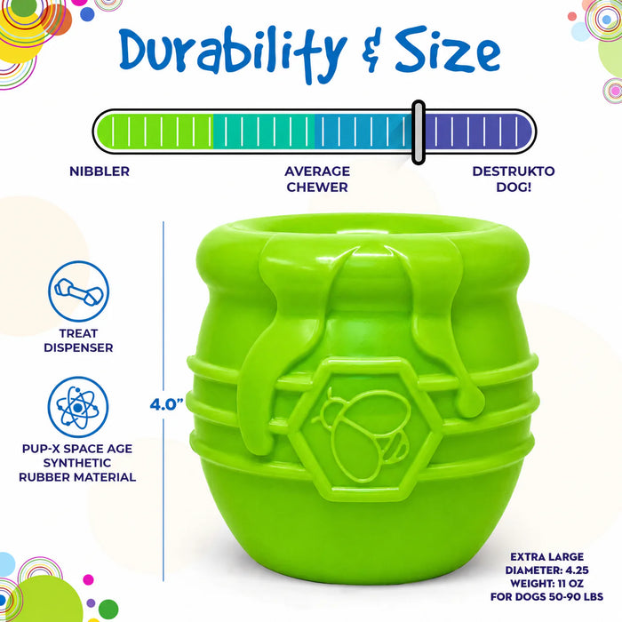 Green dog toy with durability and size information on a colorful background