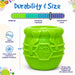 Green dog toy with durability and size information on a colorful background