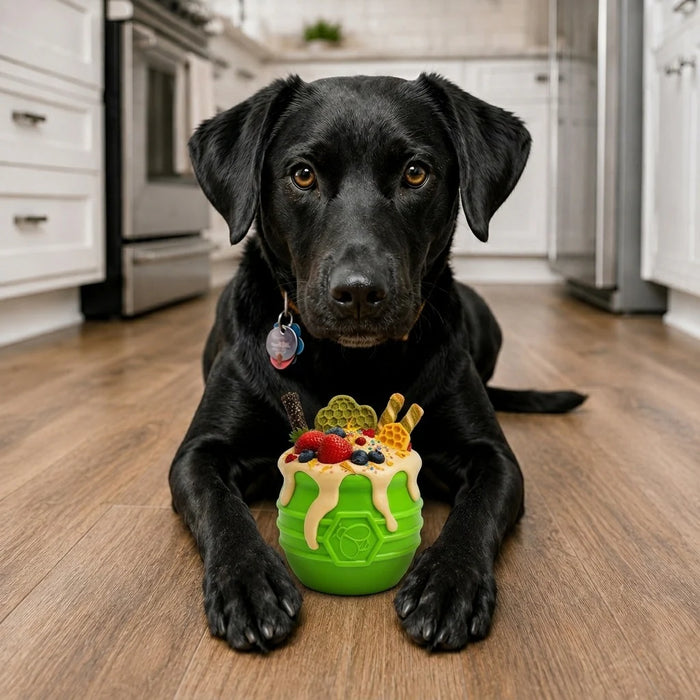 Black dog lying on a wooden floor with a green dog toy shaped like a cake.