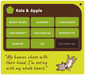 A digital graphic card for a 'Kale & Apple' dietary supplement, featuring a dark brown header with white text and a grid of green health benefits. The bottom section has a lime green background with a humorous quote in black script and a cartoon illustration of a dog lying on its back.