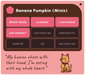A pink and dark brown informational graphic titled 'Banana Pumpkin (Minis)' listing health conditions such as weight issues, allergies, liver disease, low immunity, diabetes, IBS, and CKD stages. A cartoon dog sits at the bottom next to a quote.