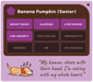 A digital graphic card for 'Banana Pumpkin (Senior)' featuring a list of health conditions in purple and brown boxes, a cartoon sleeping dog with 'Z's', and a quote on a lavender background.