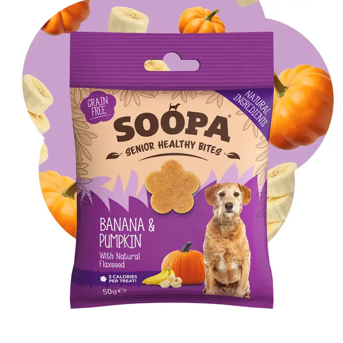 A 50g bag of Soopa Senior Healthy Bites in Banana & Pumpkin flavor, featuring a purple and beige package with an image of a dog and illustrations of pumpkins and bananas.