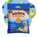 A 50g bag of Soopa Healthy Bites dog treats in Apple & Blueberry flavor. The packaging is blue and beige with an illustration of a small dog and a treat, set against a circular graphic background of green apples and blueberries on a light blue field.