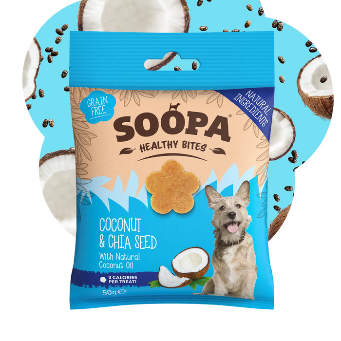 A 50g bag of Soopa Healthy Bites dog treats, Coconut & Chia Seed flavor, shown against a light blue background patterned with coconut halves and chia seeds. The packaging is blue and beige with a picture of a dog on the front.