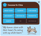 A digital graphic card for a pet supplement called 'Coconut & Chia'. The top section features a dark brown rounded rectangle with a blue cloud icon and white text listing conditions like weight issues, allergies, liver disease, low immunity, CKD stage 1&2, pancreatitis, diabetes, IBS, and CKD stage 3&4, set against a light blue background.