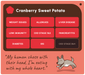 A digital graphic card for a 'Cranberry Sweet Potato' dietary supplement or food plan, featuring a list of health conditions, a quote, and a cartoon dog on a coral and dark brown background.