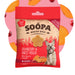 A package of Soopa Healthy Bites Cranberry & Sweet Potato dog treats, featuring a red and beige bag with a picture of a dog and illustrations of treats, set against a pink background with orange and red circular accents.