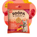 A package of Soopa Healthy Bites dog treats, Mango & Raspberry flavor, featuring a cartoon dog and fruit illustrations on the front, set against a peach background with floating raspberries and mango slices.