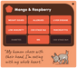 A digital graphic card for a custom pet health test kit, titled 'Mango & Raspberry'. The card features a dark brown header and a peach-orange background.