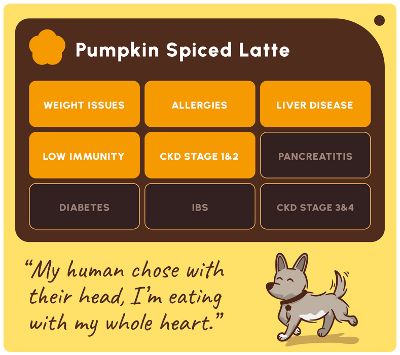 A digital graphic card for a 'Pumpkin Spiced Latte' dietary supplement, featuring a grid of health conditions in orange and dark brown boxes, a quote about pet care, and a cartoon dog on a yellow background.