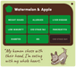 A digital graphic card for a pet supplement or food called 'Watermelon & Apple'. The card features a dark brown header with white text and green health category buttons indicating conditions like weight issues, allergies, and liver disease.