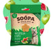 A 50g bag of Soopa Healthy Bites Watermelon & Apple dog treats, featuring a green and beige package with a picture of a dog and watermelon and apple illustrations. The background is a light green graphic with floating watermelon slices and green apples.