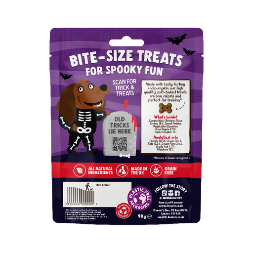 A 90g bag of 'Spooky Fun' dog treats by Threepioarters. The packaging is predominantly purple with a cartoon dog dressed as a skeleton holding a tombstone that reads 'OLD TRICKS LIE HERE'.