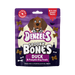 A package of Denzel's Spooky Bones Duck & Pumpkin Dog Treats in a purple Halloween-themed bag with a cartoon dog face and treat illustrations.