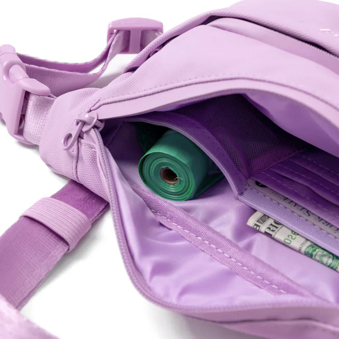 purple bag with money and poo bags