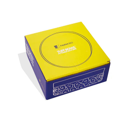 Yellow and blue box with 'Farm Rio' branding on a white background