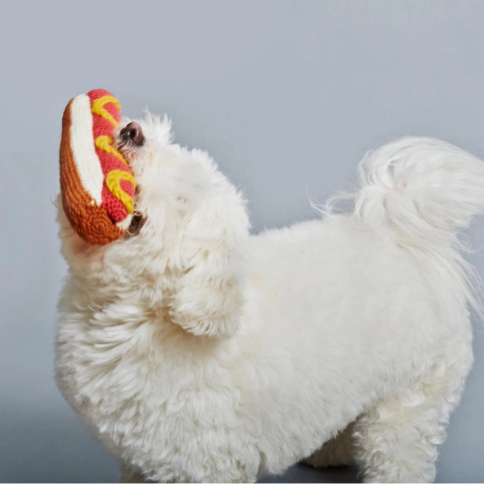 White dog playing with a hot dog-shaped toy against a plain background