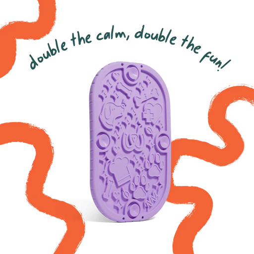 A purple silicone bath sponge with embossed bath-themed icons, shown on a white background with orange scribbled accents and the text 'double the calm, double the fun!'.