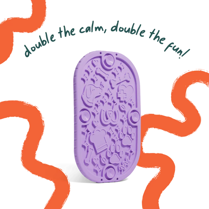 A purple silicone bath sponge with embossed bath-themed icons, shown on a white background with orange scribbled accents and the text 'double the calm, double the fun!'.