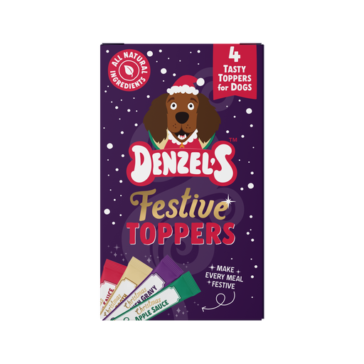 A package of Denzel's Festive Toppers for dogs, featuring a purple box with a cartoon dog in a Santa hat, red and gold lettering, and illustrations of different flavored topping sticks at the bottom.