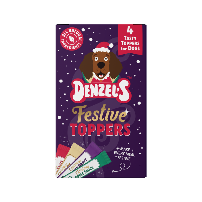 A package of Denzel's Festive Toppers for dogs, featuring a purple box with a cartoon dog in a Santa hat, red and gold lettering, and illustrations of different flavored topping sticks at the bottom.