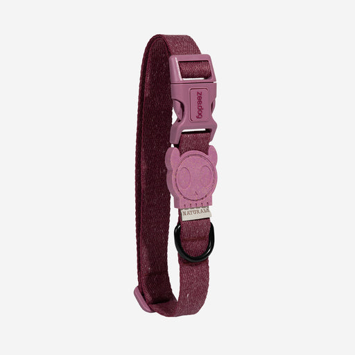 Purple dog collar with a branded buckle on a light gray background