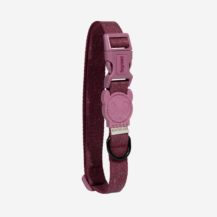 Purple dog collar with a branded buckle on a light gray background